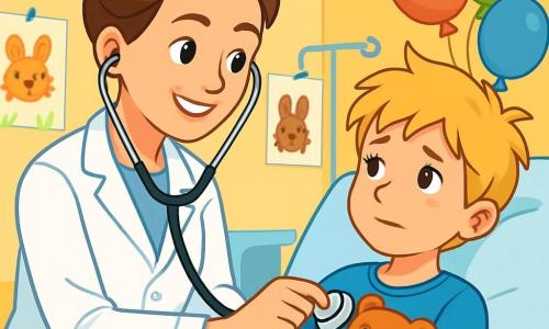 O doctoriță în vârstă de aproximativ treizeci de ani, cu părul brun prins în coc, poartă un halat alb strălucitor și un zâmbet cald. Ea ascultă inima unui băiat tânăr cu un stetoscop, iar fața ei exprimă concentrare și bunăvoință. Lângă ea, un băiat de zece ani, Andrei, are părul blond zbârlit și poartă un tricou albastru. El este întins pe un pat de spital, având un aer puțin îngrijorat dar ușurat, ținând o jucărie în brațe. Decorul este o cameră de spital luminoasă, cu pereți pictați în galben pastel, desene cu animale zâmbitoare agățate de pereți și baloane colorate plutind de tavan. Situația principală o arată pe doctoriță liniștindu-l pe Andrei după o cădere, explicându-i cu blândețe că nu are nimic grav, în timp ce el o privește cu admirație pe eroul său în halat alb.
