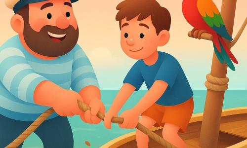 Captain Ben, smiling and determined with a round face, short beard, light-blue striped jacket and beige captain's hat, pulls hard on a wet thick rope; Tom, a ~10-year-old sailor with short brown hair and sunscreen on his nose, stands beside him pushing a wooden oar into the mud; Pip, a red, green and yellow parrot, perches on the mast to the captain's right with its beak open. The small wooden boat is painted pale yellow and blue with a textured deck and visible rigging, the pale green sea and sticky brown mud bank beneath the bow; a pastel gradient sky, a distant green islet with a few palms and soft reflections on the water form the background. The scene captures the moment the boat frees itself from the mud: taut rope, fine splashes, joyful expressions and movement to the right.
