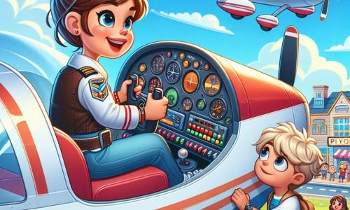 Die Pilotin Clara sitzt im Cockpit ihres kleinen rot-weißen Flugzeugs und lächelt breit. Sie trägt eine elegante Pilotuniform, Sonnenbrillen auf der Stirn und hat ihre braunen Haare zu einem Dutt gebunden. Ihre Augen strahlen vor Aufregung, während sie die Steuerungen anpasst, bereit, den Himmel zu erobern. Ein etwa 8-jähriger Junge namens Max steht unten und blickt fasziniert zum Himmel. Er hat zerzauste blonde Haare und trägt ein blaues T-Shirt mit einem Flugzeugmotiv. Seine Arme sind erhoben, als wollte er ebenfalls fliegen. Das Cockpit ist voller bunter Knöpfe und glänzender Instrumente, während der Himmel draußen strahlend blau ist, durchzogen von weißen, fluffigen Wolken. Im Hintergrund sieht man eine kleine Stadt mit bunten Häusern, in der andere Kinder bewundernd zuschauen. Die Hauptsituation zeigt Clara, die mit ihrem Flugzeug abhebt, bereit, einem herannahenden Sturm am Horizont zu begegnen. Dunkle Wolken bilden sich in der Ferne, doch sie bleibt entschlossen und fröhlich, bereit für ein neues Abenteuer im Himmel.
