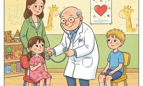 Un medic zâmbitor și binevoitor, în jur de șaizeci de ani, cu față rotundă și ochelari subțiri, în halat alb ușor șifonat, îl ascultă pe copil la stetoscopul mare argintiu; Maria, aproximativ 6 ani, plete brune în două cozi, rochie roz cu flori, stă pe un scaun colorat în stânga, cu mâna pe inimă și privirea ușor îngrijorată dar liniștită; David, aproximativ 8 ani, păr blond zburlit, genunchi bandajat și puțin umflat, în șort albastru, stă pe un taburet în dreapta și zâmbește timid cu încredere; mama Mariei, treizeci și ceva de ani, păr prins, cu palton verde, stă în spate ținându-i mâna; decorul e o sală de spital pediatrica colorată, cu pereți galbeni și verzi, desene de animale, ghirlande, jucării pe raft și un afiș cu inimă și stele; atmosferă caldă, luminoasă și liniștitoare, gesturi blânde și încredere reciprocă.