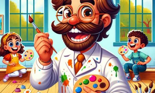 Un hombre alegre, Don Pablo, con un gran bigote marrón y gafas redondas, lleva una bata blanca manchada de pintura. Sonríe ampliamente, con los ojos brillantes de emoción, mientras sostiene un pincel colorido en una mano y una paleta de colores vivos en la otra. Alrededor de él, varios niños, chicos y chicas de 6 a 8 años, están sentados en el suelo de madera. Una niña de cabello rizado, con un vestido amarillo, mezcla colores en su paleta con una gran sonrisa. Un niño con gafas, vestido con una camiseta azul, observa atentamente a Don Pablo, fascinado por sus movimientos. El lugar es un taller luminoso, con grandes ventanas que dejan entrar la luz del sol. Las paredes están cubiertas de cuadros coloridos y hay botes de pintura esparcidos sobre mesas de madera. La situación principal muestra a Don Pablo enseñando a los niños cómo mezclar colores para crear nuevos tonos, todos riendo y divirtiéndose juntos en un ambiente alegre y creativo.