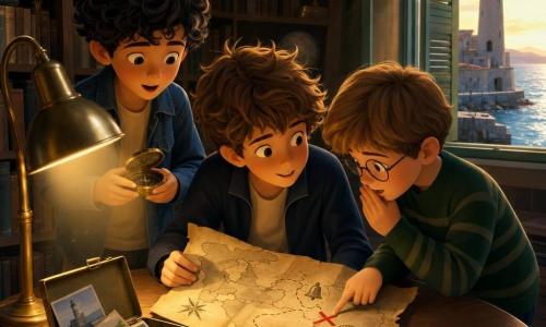 Hay tres niños: Leo (~10 años) de cabello castaño claro despeinado y chaqueta azul marino, inclinado sobre un plano viejo y arrugado en el centro de la mesa; Tomás (~9 años) de piel clara y gafas redondas con suéter verde a rayas, señalando en voz baja la cruz en la carta a la derecha de Leo; y Bruno (~11 años) de cabello negro rizado y chaqueta vaquera, mirando maravillado una brújula antigua, de pie detrás de ellos. Están en el interior de una vieja biblioteca de pueblo con estanterías de madera oscura y una mesa redonda clara iluminada por una lámpara de pantalla cálida; hay polvo visible en los rayos de luz, una caja de latón abierta con postales descoloridas sobre la mesa y una ventana con postigos que da al muelle y al faro. Los niños descubren un mapa antiguo en la mesa que muestra una X roja cerca de una concha, una campana y una pequeña estrella; la escena transmite asombro y misterio compartido.
