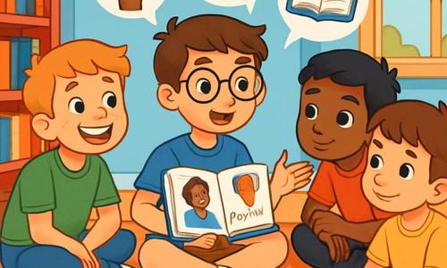 There are 4 children: - Sam: a 10-year-old boy with brown hair and glasses, wearing a blue t-shirt and beige shorts. He is sitting on a rug, surrounded by books, telling a story to his friends. - Aiden: a 9-year-old boy with blonde hair and freckles, dressed in a green t-shirt and jeans. He is sitting next to Sam, listening attentively with a big smile. - Malik: a 10-year-old boy with black hair and dark skin, wearing a red t-shirt and black pants. He is leaning forward, elbows on his knees, showing interest in the story. - Lucas: a 9-year-old boy with brown hair and fair skin, dressed in a yellow t-shirt and shorts. He is sitting cross-legged, his eyes shining with curiosity. The setting is a cozy room with light blue walls. Colorful bookshelves decorate the room, and a large fluffy rug is spread on the floor. A window lets in sunlight, illuminating the children's faces. The main scene shows the children enthusiastically discussing an inspiring story about Rosa Parks. They exchange ideas on the importance of kindness and justice, with determined expressions on their faces. Illustrations from open books and drawings of hearts and joined hands float around them, symbolizing their commitment to doing good.