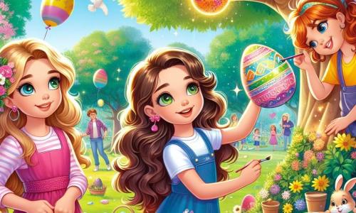 Într-un parc însorit, trei fete de 12 ani stau împreună, înconjurate de flori colorate și copaci verzi. Emma, cu părul lung și brunet și ochii verzi strălucitori, poartă o rochie roz și zâmbește fericită ținând un ou de Paște strălucitor. Lângă ea, Mia, cu părul blond și creț, este îmbrăcată într-o tunică albastră și desenează motive pe un ou cu culori vibrante. Sara, cu părul castaniu prins într-o coadă de cal, poartă un tricou galben și privește cu uimire un ou magic care strălucește la soare, așezat lângă un copac mare. Parcul este plin de râsete de copii, cu ouă de Paște colorate ascunse în iarba verde și baloane plutind în cerul albastru. La distanță, familii se adună în jurul meselor decorate cu dulciuri de Paște. Emma, Mia și Sara pregătesc o vânătoare de ouă magică, în timp ce un iepuraș de Paște, cu blană moale și ochi jucăuși, se apropie de ele, gata să dezvăluie un secret magic care va face această zi de neuitat.