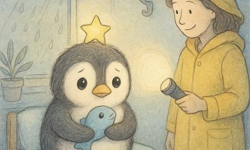 Pip, a small round fluffy penguin with wide shiny eyes looking both worried and reassured, clutches a tiny shiny blue rubber fish like a comfort toy on a blue towel bed; Mina, a human keeper in a yellow raincoat, smiles gently and holds a small flashlight casting a warm circle of light on the wall as she stands to Pip’s right; the cozy aquarium bedroom has a fogged window with raindrop marks, a potted plant to the left and a coat rack casting a hook-shaped shadow; a pale yellow nightlight glows above Pip’s head, with soft contrasts and a pastel palette of tender blues, warm yellows, and soft greys.