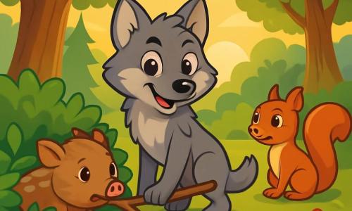 Een jonge wolf met sprankelende ogen en een zachte grijze vacht, genaamd Rafik, staat in het midden van de scène met een uitdrukking van trots en vastberadenheid. Hij helpt een klein everzwijn met een lichtbruine vacht en witte vlekken, dat bezorgd maar dankbaar lijkt, vast te zitten in een dichte struik. Dichtbij kijkt een levendige en slimme eekhoorn, Samira, met een stralend rode vacht en een pluizige staart, toe met een bemoedigende blik, klaar om te helpen. De achtergrond is een weelderige open plek in het Lunasbos, verlicht door het gouden licht van de ondergang, omringd door grote bomen met stevige stammen. Kleurrijke bloemen bedekken de grond en voegen een vleugje magie toe aan de omgeving. Rafik gebruikt een lange tak om het everzwijn voorzichtig naar de veiligheid te trekken, wat de geest van kameraadschap en moed tijdens de Ramadan illustreert.