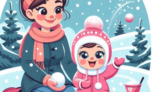 Een meisje van 1 jaar, met grote heldere ogen en roze wangen, zit in de sneeuw. Ze draagt een roze sneeuwpak met een pomponmuts en glimlacht vrolijk terwijl ze sneeuw in de lucht gooit. Naast haar staat haar moeder, een vrouw van ongeveer 30 jaar met kastanjebruin haar in een knot en een blauwe jas. Ze kijkt met een tedere glimlach naar haar dochter terwijl ze een kleine rode slede vasthoudt. De achtergrond is een besneeuwde heuvel onder een heldere blauwe lucht, met zachte vallende sneeuwvlokken. Groene dennenbomen omringen de heuvel en voegen een vleugje magie toe. Het meisje speelt vrolijk in de sneeuw, lacht luid terwijl ze sneeuwballen gooit, terwijl haar moeder liefdevol aanmoedigt, wat een vrolijke winterse scène creëert.