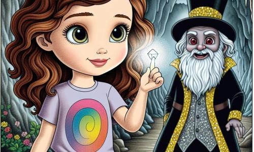 Una ragazza di 10 anni, Sofia, si trova al centro dell'immagine, con grandi occhi brillanti di curiosità e un'espressione determinata. Ha capelli castani ondulati, una maglietta colorata e pantaloni corti di jeans, e tiene un cristallo splendente nella mano, che illumina il suo viso con una dolce luce. Accanto a lei, Puck, un uomo di piccola statura con un grande cappello a cilindro e un mantello scintillante, la osserva con un sorriso incoraggiante. Dietro di loro, l'Ombra, una silhouette scura e minacciosa, si trova nell'ombra di una caverna, con contorni sfocati e occhi rossi brillanti. Il luogo è una caverna misteriosa, con pareti umide e stalattiti che pendono dal soffitto, creando un'atmosfera inquietante. La situazione principale mostra Sofia, piena di coraggio, che affronta l'Ombra per recuperare il cristallo di luce, simboleggiando la lotta tra paura e coraggio in un mondo magico e spaventoso.