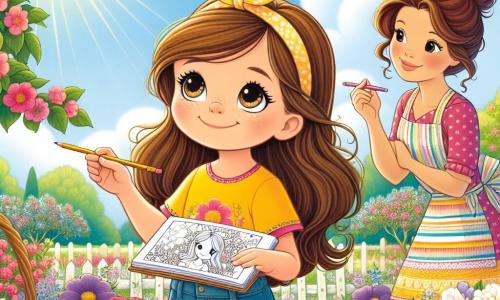 A 10-year-old girl, Lucy, with long brown hair and sparkling curious eyes, is crouched in a flower garden, a radiant smile on her face. She wears a bright yellow t-shirt and denim shorts, holding a sketchbook in one hand and a pencil in the other, ready to draw the pretty flowers around her. Next to her, her mother, a woman in her thirties with brown hair tied in a bun, watches kindly, wearing a colorful apron and holding a basket of fruit. She stands near a flowering tree, encouraging Lucy to explore. The garden is a true spring tableau, filled with vibrant flowers, fluttering butterflies, and a clear blue sky dotted with fluffy white clouds. Sunlight illuminates the landscape, creating a joyful and welcoming atmosphere. The main scene shows Lucy drawing flowers and insects in her sketchbook, amazed by the beauty of nature awakening after winter, while her mother encourages her and shares this moment of discovery.