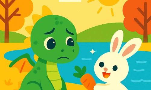A small, sweet, and cute dragon named Sunny, with shiny green scales and sparkling sad eyes, sits by a large blue lake, watching the waves. Next to him, a cheerful rabbit with big white ears and silky fur, named Floppy, smiles and tries to comfort Sunny by offering him an orange carrot. The landscape is filled with trees with colorful leaves, and sunlight dances on the sparkling water. Sunny feels lonely and dreams of adventures with his friends, while Floppy is determined to cheer him up by playing together near the lake.