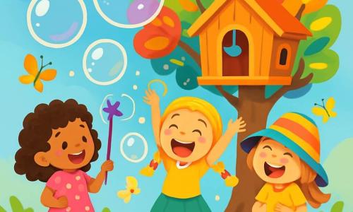 There are three characters: Mia, a 6-year-old girl with springy curly hair wearing a pink polka dot dress, holding a purple magic wand; Lily, a 6-year-old girl with a large striped hat that falls over her eyes, wearing a yellow t-shirt and blue shorts, laughing at bubbles; and Zoe, a 6-year-old girl with blonde braids, wearing a green skirt and red sneakers, jumping with joy among the bubbles. The three friends are in their magical tree, a large treehouse in a tree with multicolored leaves, surrounded by vibrant flowers and butterflies flying around. The sky is blue with fluffy clouds, and colorful bubbles float in the air, bursting with laughter. The main scene shows the girls surrounded by giant bubbles that pop with laughter as they try to control their magic wand that creates bubbles. The atmosphere is joyful and playful, filled with bright colors and contagious laughter.