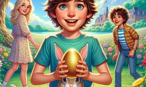 A 12-year-old boy, Leo, stands at the center of the image with messy brown hair and curious sparkling eyes. He wears a colorful t-shirt with a bunny pattern and denim shorts, displaying a wide smile of excitement as he holds a shimmering golden egg in his hands. Next to him is his best friend Mia, a 12-year-old girl with long blonde hair, wearing a floral dress and looking at Leo in awe, her eyes shining with joy. Slightly behind, Sam, a 12-year-old boy with curly hair and a striped t-shirt, smiles while pointing at a majestic oak tree, as if he has a brilliant idea. The scene takes place in a blooming garden filled with colorful flowers and lush bushes, under a clear blue sky dotted with fluffy white clouds. In the distance, a school can be seen in the background, adding life to the environment. The main situation shows Leo and his friends discovering the mysterious golden egg, surrounded by an atmosphere of adventure and magic, ready to solve puzzles and embark on an unforgettable treasure hunt.