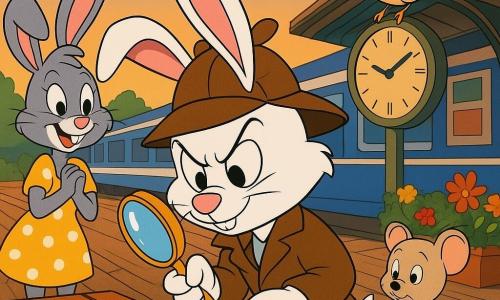 A young white detective rabbit with large pink ears wearing an oversized brown detective hat and holding a shiny magnifying glass examines a pink feather on a varnished wooden bench with a focused, mischievous expression; behind him to the left a gray rabbit friend in a yellow polka-dot dress claps and smiles, to the right a small beige mouse named Tilly cuddles a glove like a pillow on a suitcase with a shy, apologetic look, and a red-and-brown robin perches on the station clock tilting its head; the retro train platform features wooden planks, a large round clock with black hands, colorful posters, bright flower pots, a blue-and-white train in the background, warm late-afternoon light, saturated colors, clean outlines, and a 1990s cartoon style centered on the bench with playful details.