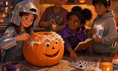 12-year-old girl, joyful and focused, brown mid-length hair under a silver cardboard helmet painted with stars and shiny silver sleeves, holding a carving knife and smiling at a large orange pumpkin; friend Imani, 12, curious and mischievous in a floating purple cape with a notebook, pointing at a pack of googly eyes and laughing softly; Grandma Jo, about 65, with a gentle wrinkled face and floral apron, behind a wooden table peeling an apple and watching indulgently; Leo, about 12, shy and relieved in a gray hoodie with paper ears and a homemade tail, holding cotton and spare googly eyes beside the table; warm dusk kitchen with soft yellow light, a wooden table covered in newspapers, bowls of pumpkin seeds and subtle Halloween decor, window showing a pumpkin-lined street; the children are turning a large pumpkin into a friendly lantern—cutting in progress with orange pulp strands, seeds in a bowl, cotton stretched like "lace" on the pumpkin's head and googly eyes ready, creating a conspiratorial, luminous scene with sharp textures and warm/cool contrasts.
