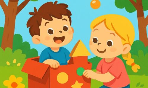 A 2-year-old boy with messy brown hair and sparkling eyes is sitting in a large red-painted cardboard box, smiling with wonder. Next to him, a 3-year-old girl with braided blonde hair and a pink t-shirt is decorating the box with colorful stickers, looking at her friend with a big smile. The setting is a sunny garden filled with vibrant flowers, green grass, and tall trees with shiny leaves under a clear blue sky. The main scene shows the boy and girl building a cardboard rocket, imagining they are flying to the stars, surrounded by colorful bubbles floating in the air.