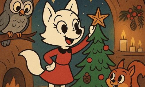 In the center of the image, Lila, a small wolf with snow-white fur, joyfully stands in front of a small pine tree. Her eyes shine with excitement as she places a golden star made of twigs on the tree's top. To her right, Rocky, a squirrel with red fur and a bushy tail, watches in wonder, his small paws clasped in front of him. To Lila's left, Flap, an owl with gray feathers and large round eyes, observes the scene from a low branch, nodding in approval. The background shows the interior of a cozy den, decorated with shimmering pinecone garlands and red berry strings, illuminated by the soft glow of candles. The scene exudes a festive and friendly atmosphere under a starry sky visible through the den's entrance.