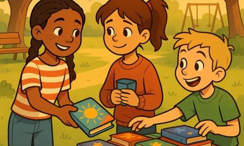 The scene shows Maya, a smiling confident 10-year-old with braided brown hair and freckles, offering a colorful book; Lily, about 10, shy but cheerful with brown hair in a ponytail and a worn sweater, holds a small snack box and looks at Maya gratefully; an 11-year-old blond boy in a green T-shirt stands to the right, eagerly taking a book from a small wooden folding table covered in brightly colored books with handwritten labels. It's late afternoon in a park with green grass, a few trees, a bench and blurred swings, warm golden sunset light, long shadows, shared smiles, and an atmosphere of solidarity and sharing.