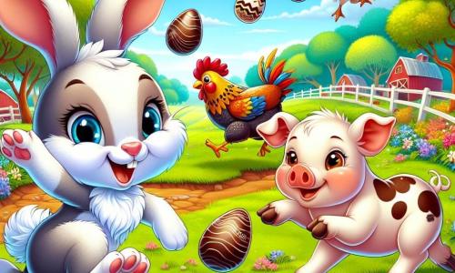 Um coelho chamado Curioso, com grandes orelhas, pelagem branca e olhos brilhantes de malícia, salta alegremente no meio de uma fazenda colorida, com um grande sorriso no rosto. Ao seu lado, uma galinha pintadinha, com penas coloridas e um ar divertido, lança ovos de chocolate ao ar, enquanto um leitão sorridente, com a barriguinha redonda e bochechas rosadas, se prepara para pegar os ovos que caem. Ao fundo, uma pradaria verde se estende, salpicada de flores vibrantes e árvores com folhas douradas, sob um céu azul brilhante. A cena representa uma competição divertida onde os animais competem em uma corrida hilária de ovos de chocolate, cheia de risadas e alegria.