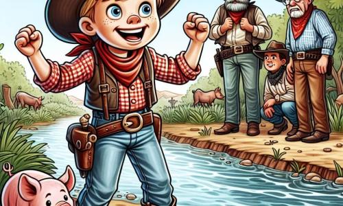 Un cowboy pe nume Jack, un băiat de aproximativ 12 ani, stă pe marginea unui pârâu strălucitor, cu ochii plini de determinare și un zâmbet larg pe față. Poartă o pălărie de cowboy uzată, o cămașă cu carouri roșii și o pereche de blugi, în timp ce porcul său fidel, Rufus, stă lângă el, privind cu curiozitate apa. Aproape, un grup de cowboys, toți bărbați de vârstă mijlocie, stau în cerc, având un aer îngrijorat. Unul dintre ei, un cowboy cu o mustață mare și un bandana roșu în jurul gâtului, arată spre o hartă veche pe care o ține în mâini, în timp ce ceilalți îl ascultă atent, cu fețele marcate de anxietate. Peisajul este unul sălbatic din Vestul Sălbatic, cu coline aurii sub un cer albastru strălucitor, presărat cu nori albi pufoși. Cactuși și stânci se ridică în jurul lor, în timp ce o briză ușoară face iarba să danseze. Situația principală îl arată pe Jack, plin de curaj, ridicând brațele în aer și strigând de bucurie după ce a descoperit o hartă a comorii ascunsă în iarbă, în timp ce Rufus, porcul, stă la picioarele lui, având un aer excitat, iar cowboys-l observă cu expresii de surpriză și speranță.