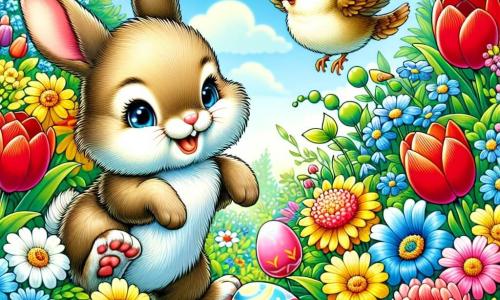 Ein kleiner Hase mit großen Ohren, weichem braunem Fell und neugierigen Augen springt fröhlich in einem bunten Garten, umgeben von leuchtenden Blumen. Er lächelt breit, begeistert von der Schönheit des Frühlings. In der Nähe sitzt ein lebhaft gefärbter Vogel, gelb und blau, auf einem Ast und singt fröhlich, während er den Hasen freundlich anblickt. Der Garten ist voller Blumen in allen Farben, von roten Tulpen bis zu weißen Gänseblümchen, unter einem hellblauen Himmel mit sanften, flauschigen Wolken. Der kleine Hase entdeckt ein buntes, in der Sonne schimmerndes Ei, das sanft auf dem grünen Gras liegt und den Frühling sowie die Freude auf bevorstehende Feierlichkeiten symbolisiert.