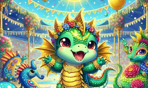 Ein kleiner grüner Drache mit glänzenden Schuppen und funkelnden roten Augen steht im Zentrum der Szene, strahlt Freude und Stolz aus und trägt ein glitzerndes goldenes Kostüm, das die Sonne evoziert. Er tanzt enthusiastisch mit ausgebreiteten Flügeln und erhellt die festliche Atmosphäre um ihn herum. Zu seiner Rechten lächelt ein leuchtend blauer Drache mit schimmernden Schuppen und Fischflossen aufgeregt, während er mit Wasserblasen spielt, die um ihn herum schweben. Zu seiner Linken dreht ein grüner Drache mit bunten Blumen, der glücklich und stolz wirkt, seine Blumenkrone und fügt der Szene einen Hauch von Natur hinzu. Die Kulisse ist ein großer festlicher Raum, gefüllt mit bunten Girlanden, schwebenden Ballons und strahlenden Blumen, unter einem klaren blauen Himmel, wo die Sonne intensiv scheint. Die Hauptsituation zeigt die Drachen, die ihr Karnevalsspektakel präsentieren, gemeinsam tanzen und singen, die Magie der Natur und Freundschaft feiern, während das Publikum begeistert applaudiert.