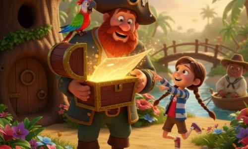 El personaje principal es el capitán Pipo: hombre robusto con barba pelirroja espesa, gran sombrero de pirata abollado, sonrisa entusiasta y ojos brillantes; sostiene un cofre dorado abierto con una mano y contempla un mapa luminoso con asombro. A su derecha está Lila, niña de unos 8 años con dos largas trenzas castañas, chaqueta a rayas y pantalón corto, saltando de alegría y señalando el mapa mágico. En el hombro izquierdo del capitán está el loro Toby, plumaje verde, rojo y azul, cresta levantada y pico abierto como si hablara o riera. La escena ocurre en una pequeña claro de una isla tropical: arena dorada, palmeras altas, flores coloridas, un gran árbol hueco con una puerta de madera al fondo y un puente de madera a lo lejos. Acaban de abrir el cofre y descubren un mapa que brilla con luz dorada; ambiente alegre y aventurero, luz cálida de final de la tarde, colores vivos y texturas suaves y redondeadas aptas para niños pequeños.