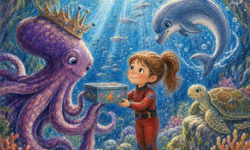 Niña de 6 años, alegre y valiente, rostro redondo con pecas, pelo castaño en coleta, viste un pequeño traje de buceo rojo y sostiene frente a sí una caja metálica adornada con peces y estrellas de mar; a su derecha nada un delfín amistoso gris azulado que hace una voltereta, detrás una tortuga marina de caparazón verde y marrón sobre una roca coralina observa con mirada dulce; en el centro-izquierda, un gran Rey Pulpo de piel violeta con manchas luminosas y tentáculos texturados se inclina para recibir la caja; la escena ocurre en una caverna submarina iluminada por luz suave que filtra por grietas, con paredes cubiertas de algas y corales naranjas, rosas y amarillos y bancos de peces plateados, mostrando el intercambio amable entre ellos con burbujas y una ligera corriente.