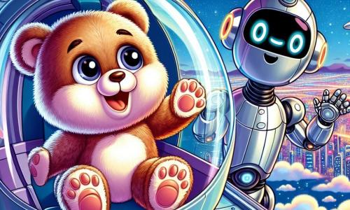 Ein junger, weicher und glänzender Teddybär mit großen, runden Augen und einem Ausdruck der Aufregung auf seinem Gesicht steht in einer futuristischen Kapsel, die Pfoten erhoben vor Freude. Draußen beobachtet ein humanoider Roboter mit freundlichem Gesicht und blinkenden Lichtern auf seinem silbernen Körper lächelnd und bereit zu helfen. Der Ort ist ein riesiges futuristisches Transportsystem, beleuchtet von bunten Neonlichtern, mit einer Kulisse aus fluffigen Wolken und glitzernden Gebäuden, die im blauen Himmel schweben. Die Hauptsituation zeigt den Teddybär, der ein aufregendes Abenteuer erlebt, während er einen Geschwindigkeitstest in der Kapsel macht und das Adrenalin und die Freude am schnellen Reisen durch die Stadt in der Höhe spürt.