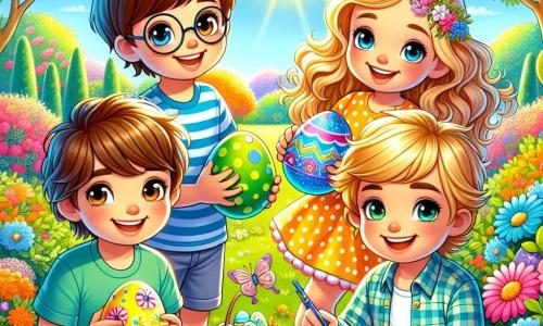 Quattro amici felici si trovano in un giardino soleggiato, circondati da fiori colorati e alberi in fiore. Leo, un ragazzo di 8 anni con capelli castani e occhiali rotondi, tiene un uovo di Pasqua blu brillante, sorridendo con entusiasmo. Marco, un ragazzo di 7 anni con capelli biondi e occhi scintillanti, mostra con orgoglio il suo uovo verde a pois, accanto a Leo. Giulia, una ragazza di 6 anni con lunghi capelli ricci e un vestito giallo, ammira il suo uovo giallo decorato con fiori, stando leggermente indietro. Samuele, un ragazzo di 8 anni con capelli castani e un sorriso dolce, è seduto sull'erba, disegnando motivi su un uovo con pastelli colorati. Il giardino è pieno di colori vivaci, con farfalle che volano intorno e un cielo blu chiaro. Al centro, gli amici si preparano a iniziare la loro grande sfilata di Pasqua, mostrando i loro uova magnificamente decorati, pieni di gioia ed eccitazione.
