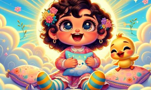 Una niña de 3 años, Lucía, con grandes ojos brillantes y cabello rizado, está sentada en una nube esponjosa, sonriendo mientras sostiene su suave y colorida almohada mágica. Lleva un vestido rosa con estampados de flores y calcetines a rayas, y parece maravillada por su entorno. A su lado, un pequeño pato amarillo, Gato Risa, flota alegremente en una nube, mirándola con ojos traviesos, listo para acompañarla en sus aventuras. El lugar es un cielo azul brillante, salpicado de nubes esponjosas y rayos de sol dorados que iluminan la escena, creando una atmósfera mágica. Lucía y Gato Risa se divierten juntos, rodeados de nubes danzantes y flores coloridas, mientras celebran una alegre fiesta de siestas, llena de risas y estrellas brillantes.