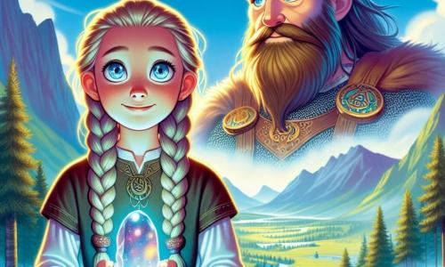 En primer plano, una joven llamada Astrid, de unos 12 años, se encuentra maravillada en la cima de una montaña. Tiene largos cabellos rubios trenzados, ojos llenos de curiosidad y viste una túnica de cuero decorada con motivos vikingos. Su rostro refleja determinación y alegría, mientras sostiene una piedra brillante que ilumina su cara con una suave luz de colores. A su lado, el fantasma de un guerrero vikingo llamado Erik, de unos 30 años, flota con una aura majestuosa. Tiene una larga barba marrón y ojos penetrantes, vestido con una antigua armadura que brilla levemente. Erik mira a Astrid con orgullo, ofreciéndole guía y sabiduría. En el fondo, el paisaje es espectacular: un valle verde se extiende bajo la montaña, salpicado de densos bosques y cascadas brillantes. El cielo es de un azul brillante, con nubes blancas esponjosas, y el sol brilla intensamente, creando una atmósfera mágica. La escena principal muestra a Astrid, asombrada, colocando la piedra brillante sobre un antiguo altar de piedra, rodeado de runas luminosas. La magia comienza a desplegarse a su alrededor, iluminando el paisaje y revelando visiones del pasado, mientras Astrid se prepara para descubrir los secretos de su herencia.