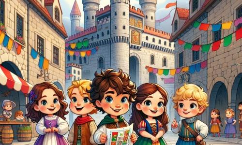 In una grande piazza medievale, quattro bambini si tengono insieme, pronti per un'avventura incredibile. Leo, un ragazzo di sei anni con capelli ricci e un grande sorriso, è al centro, tenendo una lettera colorata. Alla sua destra, Sofia, una ragazza piena di energia con capelli lunghi e castani, indossa un vestito colorato e guarda con meraviglia. A sinistra, Marco, un ragazzo curioso con capelli biondi e occhiali, indica il castello maestoso sullo sfondo. Infine, Giulia, una ragazza timida con capelli castani e una piccola treccia, si tiene leggermente in disparte, ma il suo sguardo determinato mostra che è pronta ad agire. La piazza è animata, circondata da edifici in pietra con tetti di tegole rosse e bandiere che sventolano. Sullo sfondo, un grande castello con torri slanciate e banner colorati si erge maestosamente, mentre i villaggi in abiti medievali si affaccendano intorno a loro. I bambini stanno preparando il loro piano per salvare il regno da un drago minaccioso, con espressioni di eccitazione e determinazione sui loro volti, mentre una luce magica brilla intorno a loro, simboleggiando il loro viaggio nel tempo.