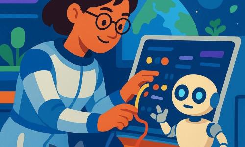 Giovane pilota donna sorridente ma concentrata, inclinata su un grande pannello luminoso mentre ripara fili e preme pulsanti; indossa una tuta spaziale argentata con riflessi blu, capelli corti castani, occhiali sottili, postura decisa. Piccolo robot rotondo chiamato Bop, amichevole, corpo metallico crema opaco con occhi LED blu, al suo fianco con braccia articolate alzate per aiutare. Piccolo gatto robot sul bordo di una navetta in primo piano, silhouette rotonda grigia con occhi verdi lampeggianti che osserva la scena. Interno di uno skydock con grandi pareti vetrate sulla Terra, giardini sospesi verdi con piante fluttuanti, pavimenti metallici e passerelle arancioni, schermi e neon viola attorno al pannello. Situazione: riparazione di un modulo di controllo difettoso, luci sui pulsanti, cavi colorati visibili, atmosfera calma e eroica, composizione centrata sulla donna e sul robot osservatore. Tavolozza di colori vivaci e contrastati (blu notte, argento, verde tenue, arancio caldo), texture piatte, sagome nette, stile infantile con contorni spessi, orientamento orizzontale ad alta risoluzione per stampa poster.