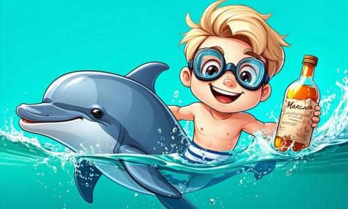 Un niño de 8 años, Lucas, con cabello rubio despeinado y ojos llenos de curiosidad, nada alegremente en un océano turquesa, con una gran sonrisa iluminando su rostro. Lleva un bañador a rayas y gafas de buceo en la frente, sosteniendo una botella de vidrio con un mapa del tesoro en su interior. A su lado, una delfín llamada Marina, con piel suave y plateada, salta graciosamente fuera del agua, con ojos brillantes de picardía y amistad. Un pequeño caballito de mar, Blas, con colores vivos y una pequeña corona de coral en la cabeza, nada cerca de Lucas, luciendo un poco tímido pero entusiasta. El fondo de la ilustración muestra una ciudad submarina mágica, con casas en forma de concha, jardines de anémonas coloridas y peces multicolores nadando a su alrededor. La situación principal muestra a Lucas, maravillado, descubriendo un pasaje secreto hacia la Gran Cueva Azul, rodeado de burbujas brillantes y luces misteriosas, listo para vivir una aventura increíble bajo el océano.