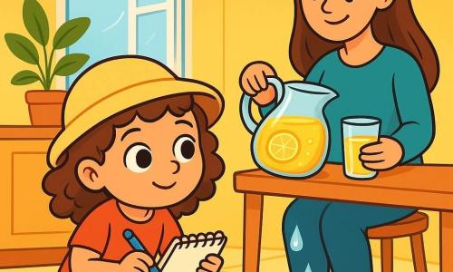 A 4-year-old girl, Mina, with big curious eyes and curly hair, wears a soft hat and a small proud smile. She is crouched on the floor, holding a notebook and a blue pencil, observing shiny water droplets on the tiled surface. Next to her, her mother, a smiling woman about 30 years old with long smooth hair, is preparing a glass of lemonade in a colorful pitcher on the table. She looks at Mina with tenderness, proud of her investigation. The scene takes place in a bright kitchen with sunny yellow walls, an open window letting in a gentle breeze, and green plants on the windowsill. A small colorful rug is spread under the table, where a small plate collects the water droplets. Mina, the little detective, is discovering where the water droplets are coming from by carefully observing the cold pitcher on the table. She is excited and determined, ready to solve the mystery of the drips.