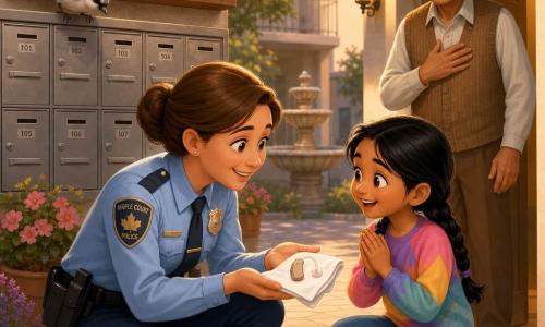 Smiling, kind female police officer in her thirties with round face and brown hair in a bun, crouched and holding a small hearing aid on a white tissue; a radiant ten‑year‑old girl with braided black hair, jeans and a colorful sweatshirt stands beside her, hands clenched and hopeful; a relieved elderly man of about seventy‑five, white hair and glasses, stands slightly back in his apartment doorway with a hand on his chest; a small gray‑and‑white bird perches on the wooden notice board above the metal mailboxes, head tilted toward the object; the scene is the courtyard of Maple Court with light paving, potted flowers, a dry round fountain in the background and a warm night light by the entrance — a calm, joyful reunion as the officer has just retrieved the hearing aid from beneath a leaf near the mailboxes, in soft late‑afternoon light and warm colors.