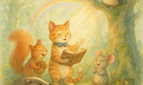 Een gestreepte oranje kater genaamd Pim Poes met een kromme staart en een blauw strikje kijkt ondeugend en trots terwijl hij een oud theevlekkenboek vasthoudt en een spreuk mompelt met een beleefde pootbeweging; rechts zit het grijze muisje Lotte met grote oren en een stukje kaas, glimlachend en klappend op moslaarzen, links staat de mollige rode eekhoorn Boefje op een wortel, lachend en met een zak hazelnoten, en dichtbij een glanzende bruine das Dora Das hurkt nadenkend bij een met korstmos bedekt stronk; op een lage tak zit een oude uil met ronde bril, geamuseerd toeziend. Het decor is een open plek in het Pluizenbos met groen mos, kleurrijke paddenstoelen, een glinsterende vijver, een grote eik met knoestige wortels en zonnestralen tussen de bladeren; pastel aquarelkleuren, vriendelijke magische regendruppels dansen en vormen een kleine regenboog boven de groep, met fijne witte gelpencontouren en glansreflecties.