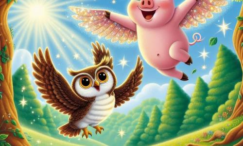 Ein kleines Schwein namens Pippin, mit leuchtend rosa Haut und großen neugierigen Augen, fliegt fröhlich in der Luft mit schimmernden Flügeln und einem breiten Lächeln im Gesicht. Neben ihm schwebt eine weise Eule namens Lila, mit braunen Federn und runden Augen, die bewundernd Pippin ansieht. Unter ihnen ist eine sonnige Lichtung, umgeben von majestätischen Bäumen mit lebhaft grünen Blättern, und ein glitzernder Teich spiegelt den blauen Himmel wider. Die Szene fängt den magischen Moment ein, in dem Pippin und Lila die Schönheit der Freundschaft entdecken, während sie gemeinsam zu neuen Abenteuern aufbrechen.