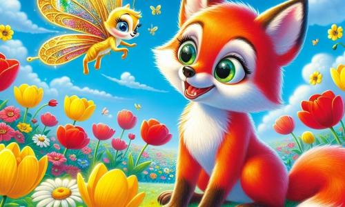In un magnifico campo di fiori colorati, un piccolo volpe di nome Rocco, con un pelo rosso brillante e occhi brillanti di curiosità, è seduto sull'erba verde. Sorride ampiamente, con le orecchie dritte, mentre osserva con meraviglia una piccola farfalla dorata, Lila, che vola intorno a lui. Lila, la farfalla, è delicata e luminosa, con ali scintillanti che riflettono i colori dell'arcobaleno. Danza gioiosamente nell'aria, i suoi occhi brillano di malizia, mentre spiega a Rocco i segreti del mondo. Il luogo è un campo incantevole, pieno di fiori dai colori vivaci: tulipani gialli, papaveri rossi e margherite bianche, sotto un cielo blu splendente punteggiato di nuvole soffici. La situazione principale mostra Rocco, la volpe, mentre scopre il significato dell'amore e della gioia, ascoltando attentamente Lila, la farfalla, che gli rivela le meraviglie del Regno dei Colori.