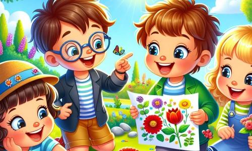 Four friends, two boys and two girls, are in a park in early spring. Max, a 7-year-old boy with brown hair and glasses, smiles while holding a drawing of flowers. Next to him, Ben, a 6-year-old boy with blond hair and sparkling eyes, points at a beautiful red flower. Leo, a 7-year-old girl with curly hair and a yellow dress, crouches by a bush, captivated by a butterfly. Finally, Sam, a 6-year-old girl with braids and a blue t-shirt, holds a shiny little stone she found. The park is filled with colorful flowers, tall green trees, and a bright blue sky, with sunlight illuminating the scene. The children laugh joyfully, surrounded by the beauty of spring, ready for a treasure hunt.