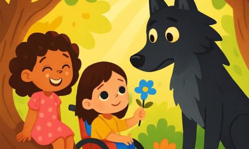 There are 3 characters: Rosie, a 7-year-old girl with curly, shiny hair wearing a pink dress with white polka dots, sitting on a large tree root with a bright smile; Lila, a 6-year-old girl with sparkling eyes and straight hair, dressed in a yellow blouse, in her red wheelchair next to Rosie, offering a blue flower to the wolf; and the Big Bad Wolf, a large black wolf with cold, shiny eyes, standing near a twisted tree, looking at the girls with a mix of surprise and hesitation. The scene takes place in an enchanted forest with tall, gnarled trees and vibrant green leaves, colorful flowers surrounding them, and a floor covered in golden leaves, creating a magical atmosphere. The main situation shows Rosie and Lila, hand in hand, offering a flower to the Big Bad Wolf, who appears hesitant but intrigued, with sunlight filtering through the branches, illuminating the scene with a soft, warm light.