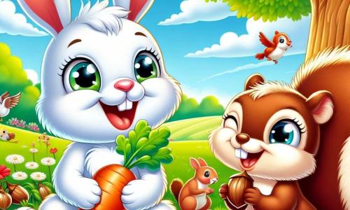 A small white rabbit with large ears and sparkling eyes sits under a big green tree in a sunny meadow. He is smiling widely, holding a crunchy carrot in his little paws. Next to him, a brown squirrel with silky fur and a bushy tail, looking friendly and curious, is nibbling on a bright red hazelnut. She is perched on a branch just above the rabbit, laughing joyfully. The setting is a lush meadow dotted with colorful flowers, under a clear blue sky with fluffy white clouds. In the distance, other animals like birds and hedgehogs gather for a picnic, creating a festive and friendly atmosphere. The main scene shows the rabbit and the squirrel sharing their food, illustrating the joy of friendship and the beauty of diversity.
