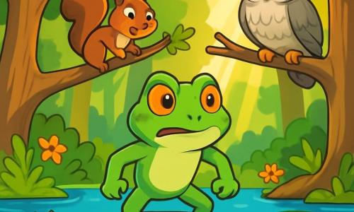 A bright green frog with sparkling orange eyes and a determined smile stands on a large lilypad in the center of a shimmering pond. It looks around with an expression of worry mixed with courage, ready for adventure. Nearby, a small brown squirrel with bright eyes and a bushy tail climbs a tree branch, observing with curiosity and excitement. A wise old owl with gray feathers and round glasses perches on a branch, eyes half-closed, listening intently to the conversation. The setting is a lush forest with majestic trees, colorful flowers, and sunlight filtering through the leaves, illuminating the gentle reflection of the water. The frog and its friends are preparing to search for a lost precious jewel, surrounded by an atmosphere of adventure and camaraderie.