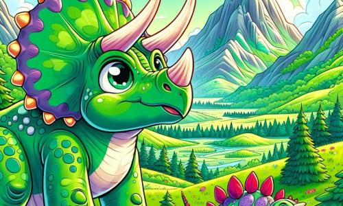 Ein leuchtend grüner Triceratops mit drei majestätischen Hörnern und einem neugierigen Blick steht am Rand eines wunderschönen, grünen Tals. Seine großen Augen leuchten vor Aufregung und Entschlossenheit, während er die Landschaft vor sich betrachtet. Neben ihm schaut ein junger Stegosaurus mit bunten Rückenplatten und einem freundlichen Lächeln ebenfalls in die Ferne, bereit zu erkunden. Im Hintergrund erheben sich majestätische Berge mit rauchenden Gipfeln, umgeben von leuchtenden Blumen und üppigen Bäumen. Die Szene strahlt eine Atmosphäre von Abenteuer und Entdeckung aus, während der Triceratops und sein Freund sich darauf vorbereiten, in eine neue Welt voller Wunder einzutreten.