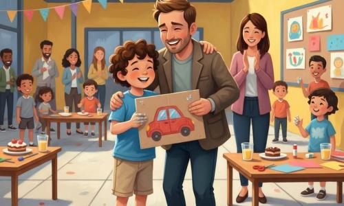 Um menino de 4 anos, alegre e orgulhoso, cabelo castanho encaracolado e dedos com cola, veste camiseta azul e short bege e entrega um cartão com um desenho de carro vermelho; um homem adulto (pai, ~35 anos), emocionado e sorridente, barba rala e jaqueta casual, recebe o cartão e abraça o menino; atrás, uma professora de cerca de 30 anos, cabelos presos, sorri e aplaude junto a uma mesa com papéis coloridos e tesouras sem ponta; cena num pátio de escola primária ensolarado com bandeirolas, mesas com bolos e sucos e desenhos numa parede amarela; momento terno numa pequena plataforma improvisada com pais desfocados ao fundo e atmosfera festiva.