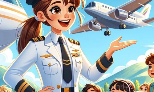În prim-plan, Ana, o femeie pilot de avion, stă lângă avionul ei, zâmbind și plină de entuziasm. Poartă un uniform alb de pilot cu un insignă aurie, iar părul ei brun este prins într-o coadă de cal. Ochii ei strălucesc de bucurie în timp ce le explică copiilor cum să devină piloți, gesticulând cu pasiune. În jurul ei, mai mulți copii o ascultă cu atenție. Andrei, un băiat de 8 ani cu părul castaniu deschis și ochelari rotunzi, ridică mâna cu curiozitate, în timp ce o fetiță de 7 ani, Maria, cu împletituri negre și un zâmbet strălucitor, o privește pe Ana cu admirație. Decorul se află pe un aeroport însorit, cu un cer albastru presărat cu câteva nori albi. În fundal, se pot vedea alte avioane parcate și munți verzi care se ridică la orizont, creând o atmosferă de aventură. Situația principală o arată pe Ana împărtășind pasiunea ei pentru pilotaj cu copiii, explicându-le minunile zborului și încurajându-i să își urmeze visurile, fiind înconjurată de râsete și excitație.