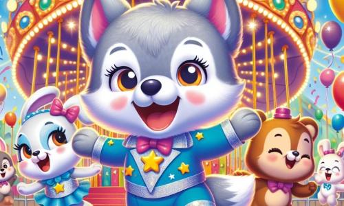Wally, a small gray wolf with sparkling eyes, wears a blue costume adorned with shining stars. He dances enthusiastically in the midst of a colorful carnival, his bright smile reflecting his joy. Next to him, Lila, an adorable white bunny with big ears, jumps with happiness, her eyes shining with curiosity, while Benny, a chubby brown bear, laughs holding a large red candy apple. The setting is filled with multicolored balloons, sparkling garlands, and a big carousel spinning in the background, creating a festive and joyful atmosphere. The scene captures the energy of a lively carnival, where friends enjoy themselves together, surrounded by music and laughter, celebrating their friendship and the treasures of life.