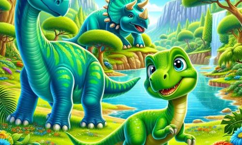 Un velociraptor di nome Dino, con una pelle verde brillante, occhi scintillanti di curiosità e una lunga coda agile, si trova al centro dell'immagine, sorridendo con entusiasmo mentre esplora una valle preistorica. Alla sua destra, un triceratopo di nome Trix, con una pelle blu vivace e tre grandi corna, guarda Dino con un'aria amichevole, pronto a seguirlo nell'avventura. Sullo sfondo, un enorme brachiosauro di nome Bruno, con un collo lungo e grazioso, si piega per ammirare i fiori colorati che circondano un lago scintillante. La scena si svolge in una valle lussureggiante, piena di alberi giganti, fiori brillanti e un cielo soleggiato, dove un lago scintillante riflette la bellezza della natura. I tre amici sono riuniti, pronti a vivere una nuova avventura insieme, circondati dalla magia del loro mondo preistorico.