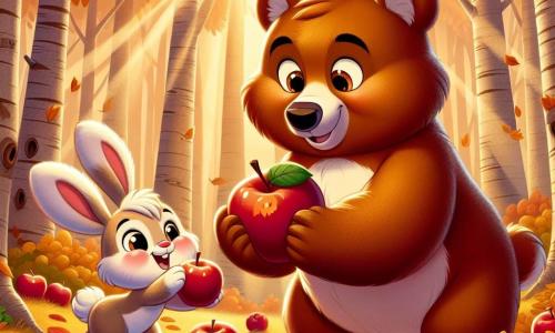 Um grande urso pardo chamado Bento, com pelagem macia e olhos brilhantes de alegria, está no centro de uma floresta colorida pelas folhas de outono, sorrindo enquanto colhe maçãs vermelhas brilhantes de uma macieira. Ao seu lado, uma pequena coelhinha chamada Lila, adorável com suas grandes orelhas e pelagem branca, salta de alegria, segurando uma pequena maçã com as patas da frente, seu rosto radiante de excitação. Ao fundo, árvores majestosas com folhas douradas e alaranjadas criam um cenário acolhedor, enquanto raios de sol filtram-se pelas ramas, iluminando o chão coberto de folhas. A cena irradia uma atmosfera de camaradagem e felicidade, enquanto Bento e Lila se preparam para preparar um banquete de outono juntos.