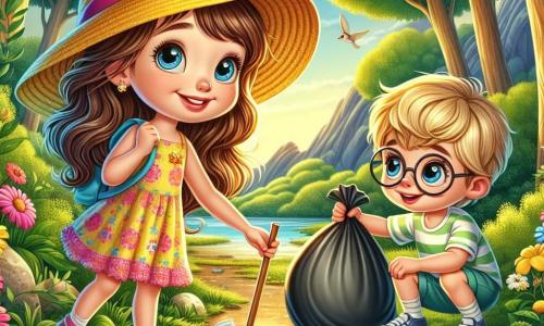 Uma menina de 6 anos, Ana, com longos cabelos castanhos e olhos curiosos, está recolhendo lixo em uma reserva natural. Ela usa um bonito chapéu amarelo e um vestido colorido, com um rosto que expressa determinação e alegria. Ao seu lado, seu amigo Pedro, um menino de 7 anos com cabelos loiros e óculos redondos, segura um saco de lixo e sorri ao mostrar uma garrafa plástica que encontrou. Luísa, outra amiga de 6 anos com cabelos cacheados e um vestido rosa, está agachada perto de uma flor, segurando um copo plástico e olhando para Ana com admiração. O cenário é uma linda reserva natural, cheia de árvores verdes, flores coloridas e pássaros cantando no céu azul. O chão está coberto de folhas e pedrinhas, e há um caminho sinuoso que atravessa a floresta. A cena principal mostra Ana e seus amigos limpando a reserva, cercados por lixo espalhado, mas com sorrisos no rosto, ilustrando seu compromisso em proteger a natureza enquanto se divertem.